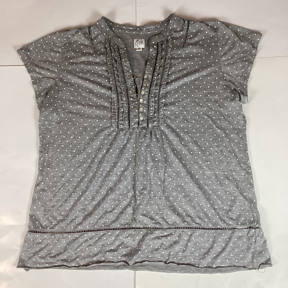 Aria Womens Blouse Shirt Top Size L Large Short Sleeve Soft Comfort Polka Dot